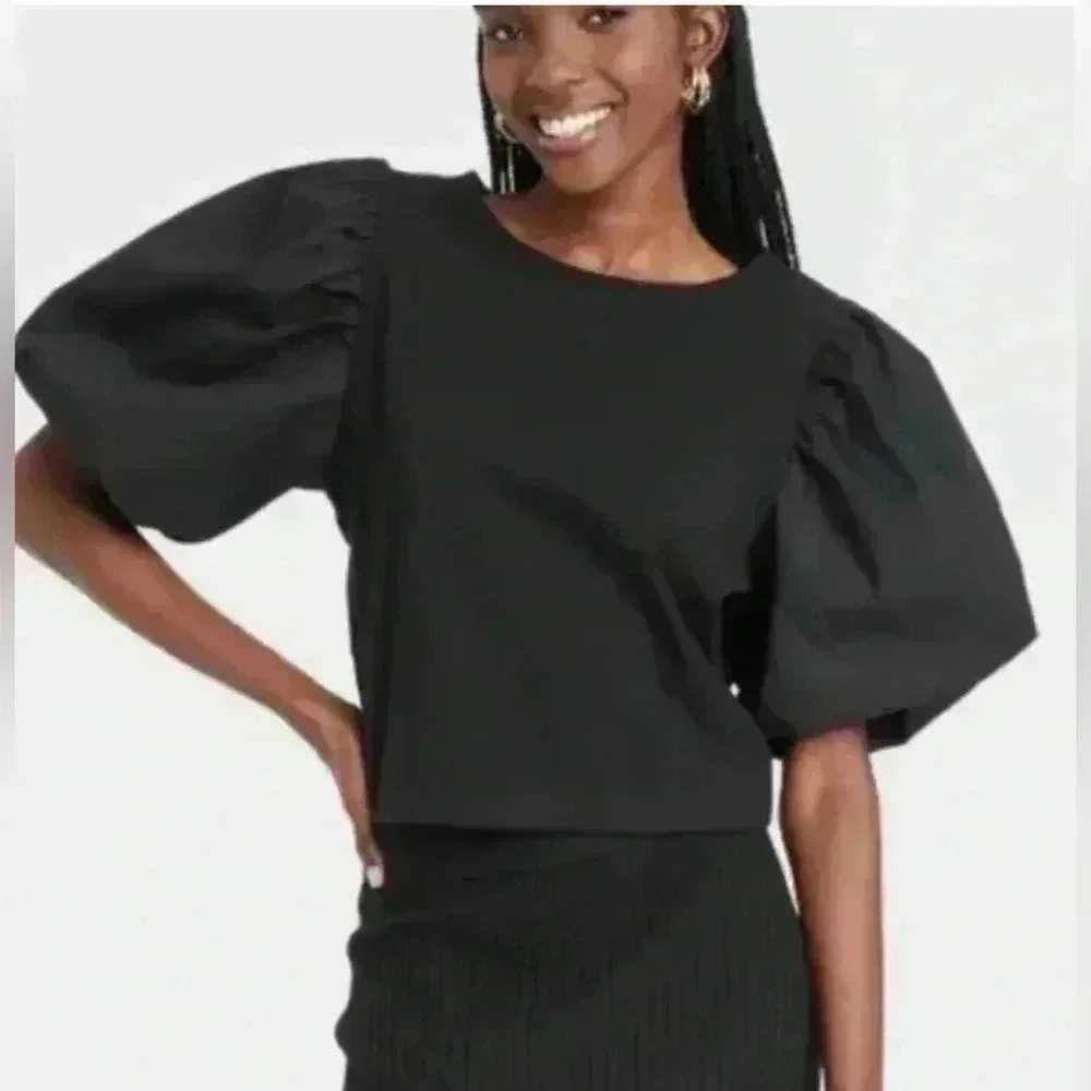 A new day Black Puff Sleeve T shirt, size Medium